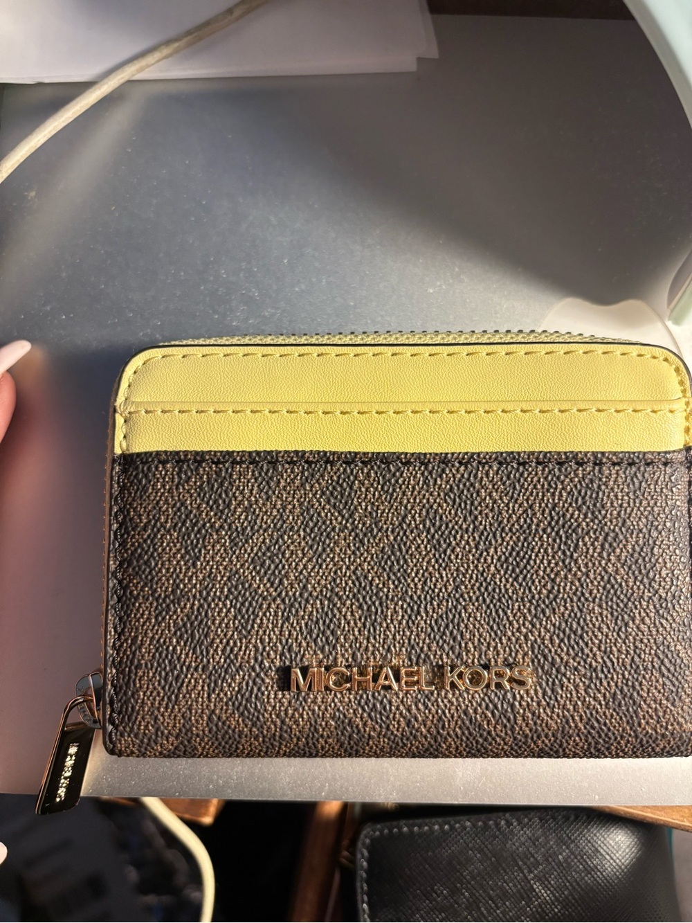 Michael Kors Yellow Trim Brown Signature Card Holder